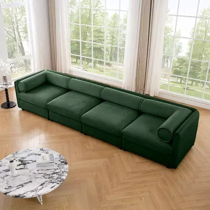 Divano componibile con contenitore, schienale e braccioli cilindrici, seduta profonda e confortevole, resistente e di supporto per il soggiorno