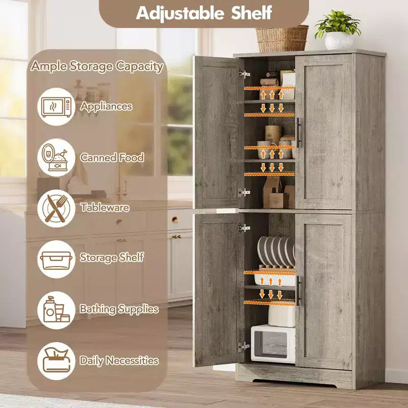Dispensa da Cucina Alta 70, Mobiletto Indipendente con Ripiani Regolabili, Mobile Bar in Legno per Soggiorno