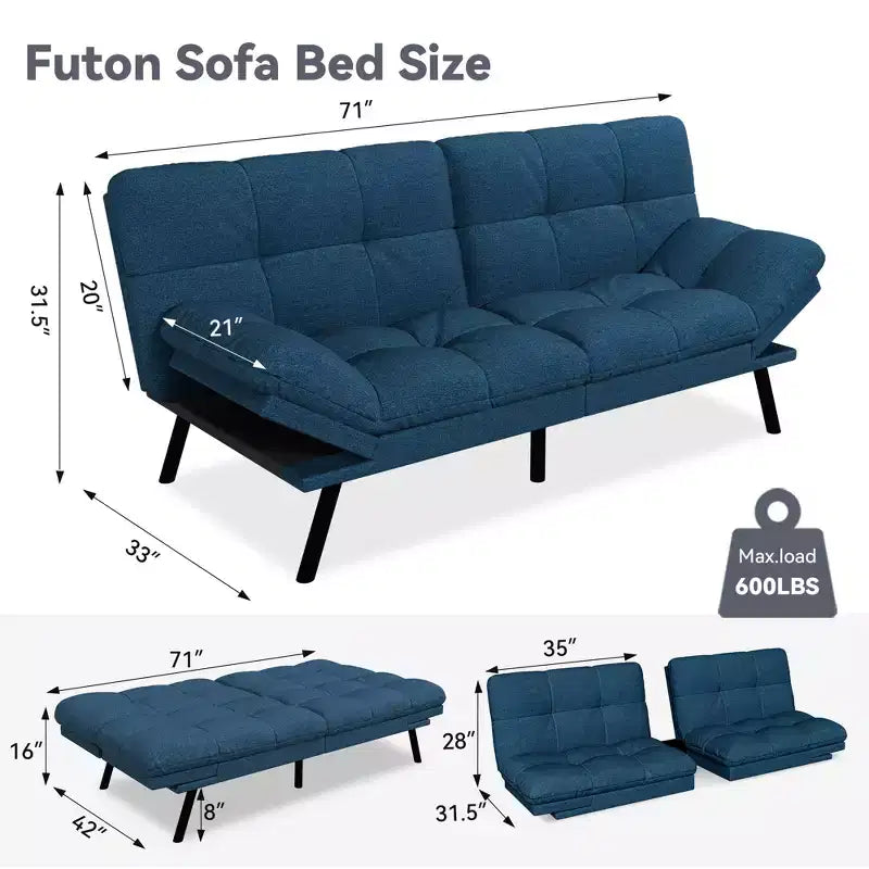 Dyonery 71 Divano Letto Futon Convertibile, Divano Futon Moderno in Lino con Cuscino Rimovibile, Schienale e Braccioli Regolabili