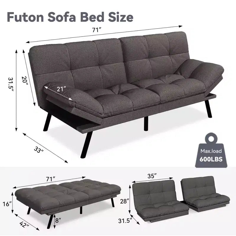 Dyonery 71 Divano Letto Futon Convertibile, Divano Futon Moderno in Lino con Cuscino Rimovibile, Schienale e Braccioli Regolabili