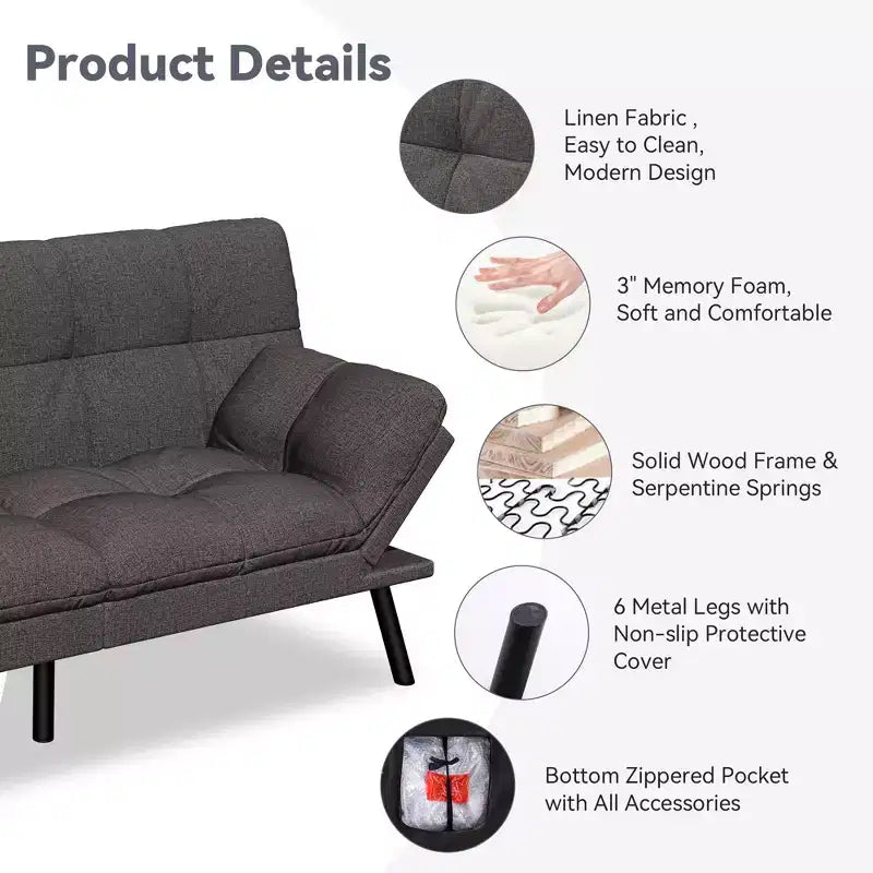 Dyonery 71 Divano Letto Futon Convertibile, Divano Futon Moderno in Lino con Cuscino Rimovibile, Schienale e Braccioli Regolabili