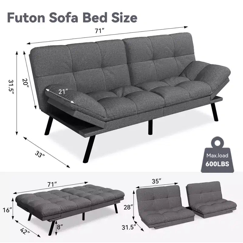 Dyonery 71 Divano Letto Futon Convertibile, Divano Futon Moderno in Lino con Cuscino Rimovibile, Schienale e Braccioli Regolabili