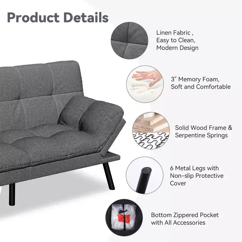 Dyonery 71 Divano Letto Futon Convertibile, Divano Futon Moderno in Lino con Cuscino Rimovibile, Schienale e Braccioli Regolabili