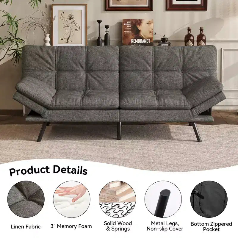 Dyonery 71 Divano Letto Futon Convertibile, Divano Futon Moderno in Lino con Cuscino Rimovibile, Schienale e Braccioli Regolabili
