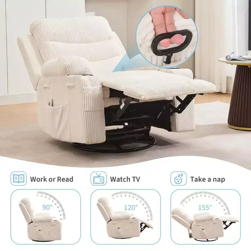 Poltrona Reclinabile per Stanza Bebè, Sedia a Dondolo Reclinabile Manuale, Girevole a 360 Gradi con Portabicchieri, Massaggio e Riscaldamento, Poltrona Singola da Interno