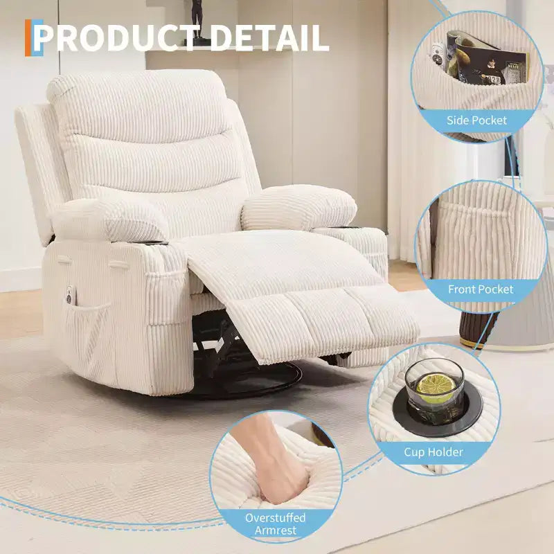 Poltrona Reclinabile per Stanza Bebè, Sedia a Dondolo Reclinabile Manuale, Girevole a 360 Gradi con Portabicchieri, Massaggio e Riscaldamento, Poltrona Singola da Interno
