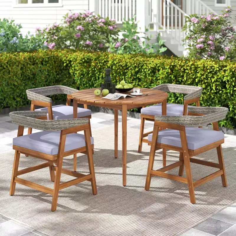 Set da pranzo da patio Costway 5 pezzi in legno massello per esterni con schienale in rattan