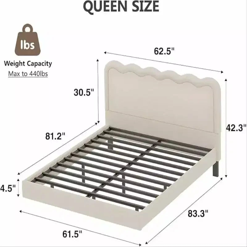 Dyonery Letto Matrimoniale Queen Size con luci a LED e testiera ondulata, struttura galleggiante in metallo robusto, senza rumore, beige