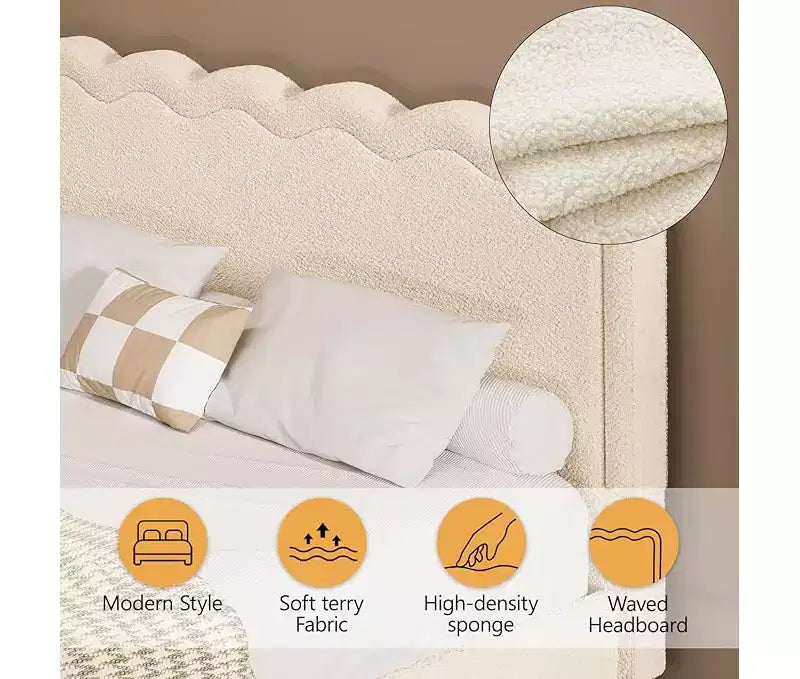 Dyonery Letto Matrimoniale Queen Size con luci a LED e testiera ondulata, struttura galleggiante in metallo robusto, senza rumore, beige