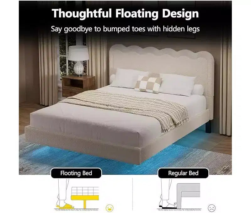 Dyonery Letto Matrimoniale Queen Size con luci a LED e testiera ondulata, struttura galleggiante in metallo robusto, senza rumore, beige