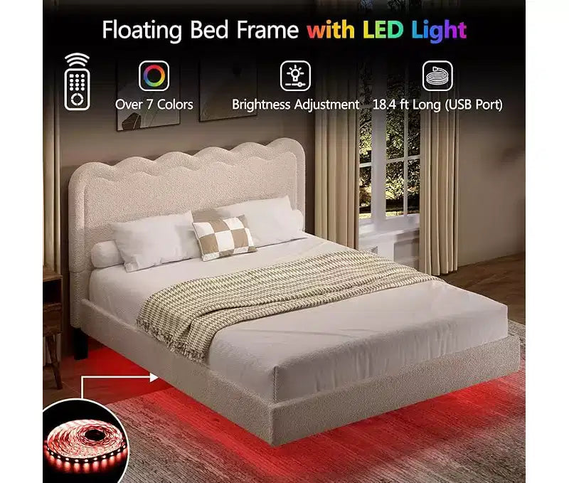 Dyonery Letto Matrimoniale Queen Size con luci a LED e testiera ondulata, struttura galleggiante in metallo robusto, senza rumore, beige