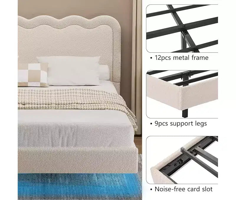 Dyonery Letto Matrimoniale Queen Size con luci a LED e testiera ondulata, struttura galleggiante in metallo robusto, senza rumore, beige