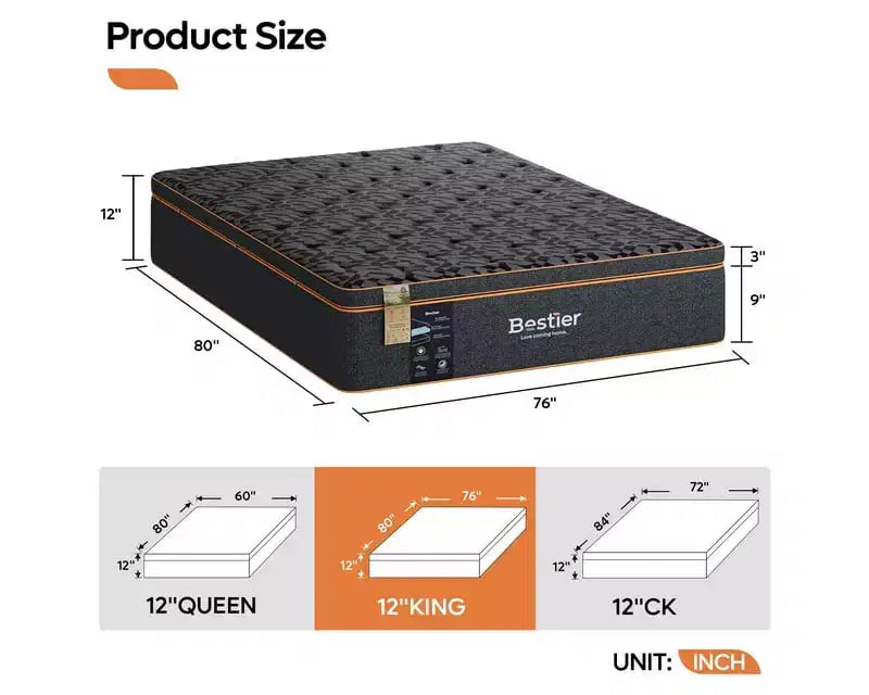 Bestier Materasso Nero in Scatola in Memory Foam con Gel Rinfrescante da 14 Pollici, Materasso in Lana Organica, Supporto Lombare a Molla per un Comfort Superiore, CertiPUR-US
