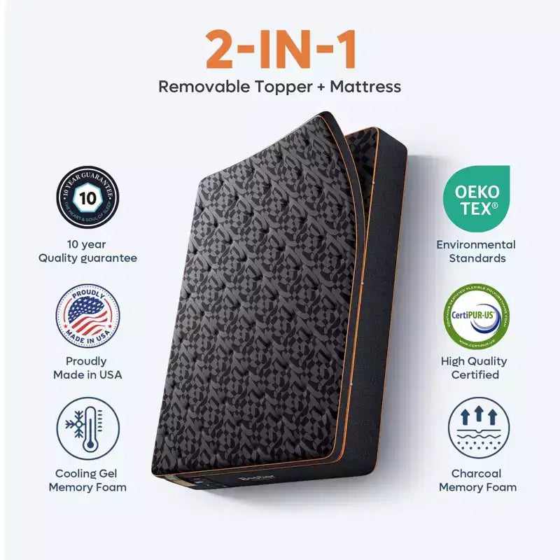 Bestier Materasso Nero in Scatola in Memory Foam con Gel Rinfrescante da 14 Pollici, Materasso in Lana Organica, Supporto Lombare a Molla per un Comfort Superiore, CertiPUR-US