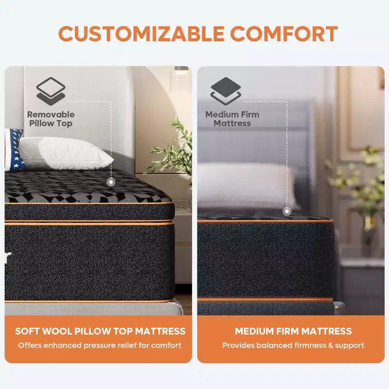 Bestier Materasso Nero in Scatola in Memory Foam con Gel Rinfrescante da 14 Pollici, Materasso in Lana Organica, Supporto Lombare a Molla per un Comfort Superiore, CertiPUR-US