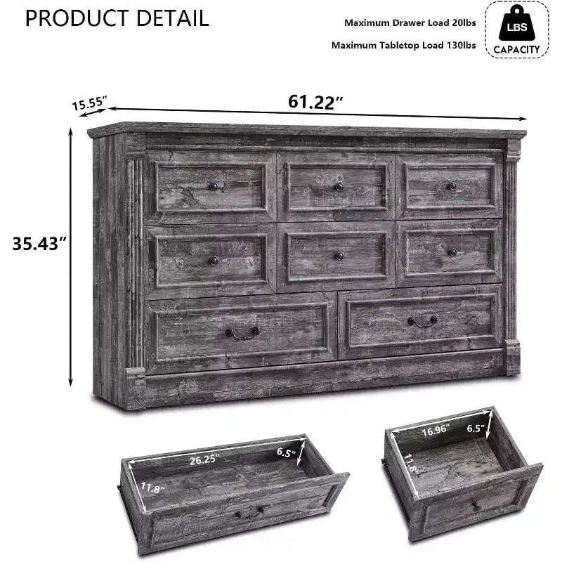 Mastgoal 61 Comò Rustico da Fattoria con 8 Cassetti, Armadio in Legno Rustico con Colonna Romana per Camera da Letto