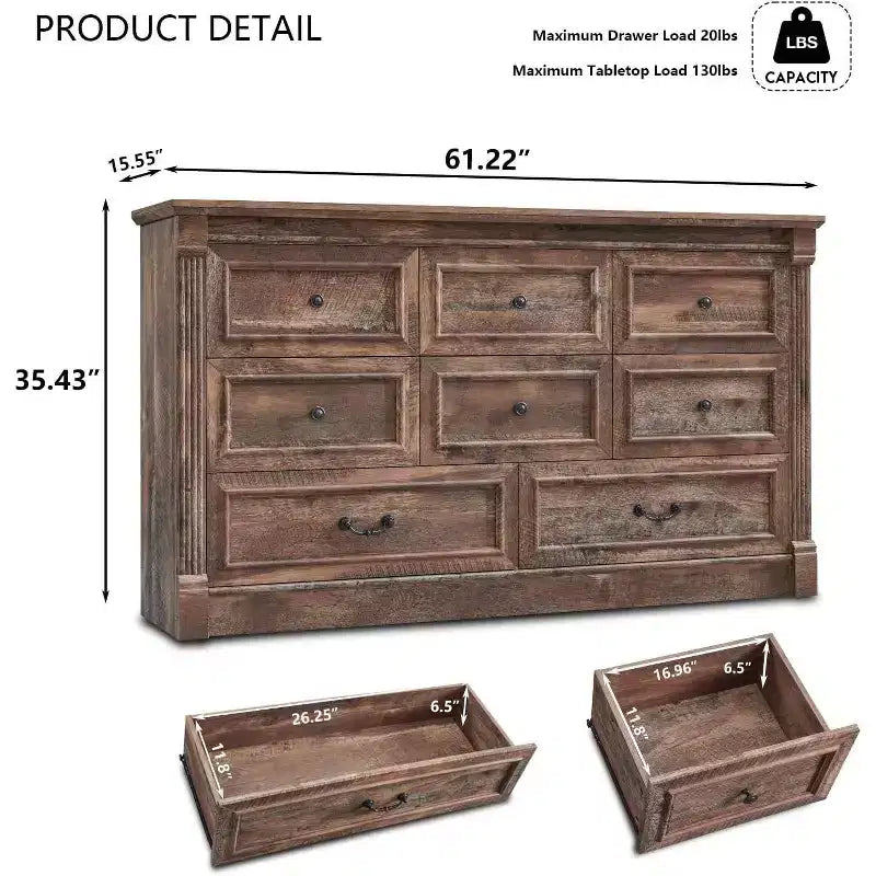 Mastgoal 61 Comò Rustico da Fattoria con 8 Cassetti, Armadio in Legno Rustico con Colonna Romana per Camera da Letto