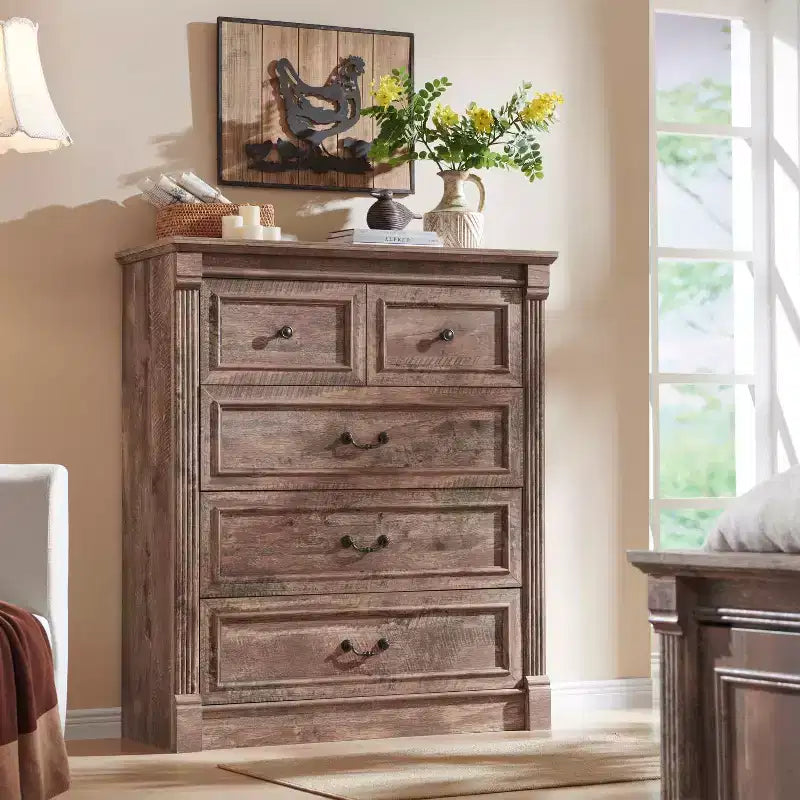 Cassettiera Rustica Mastgoal 46 con 5 Cassetti, Contenitore in Legno con Colonne Romane per Camera da Letto