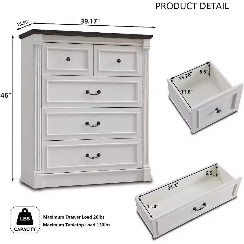 Cassettiera Rustica Mastgoal 46 con 5 Cassetti, Contenitore in Legno con Colonne Romane per Camera da Letto