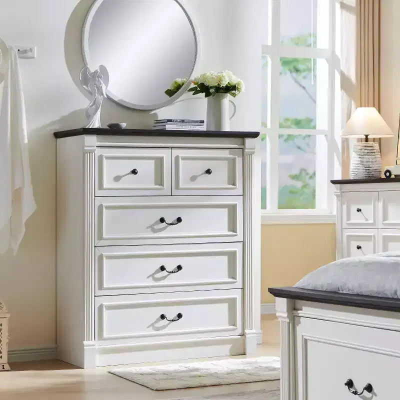 Cassettiera Rustica Mastgoal 46 con 5 Cassetti, Contenitore in Legno con Colonne Romane per Camera da Letto