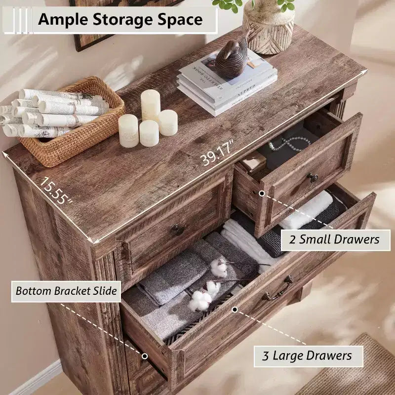 Cassettiera Rustica Mastgoal 46 con 5 Cassetti, Contenitore in Legno con Colonne Romane per Camera da Letto