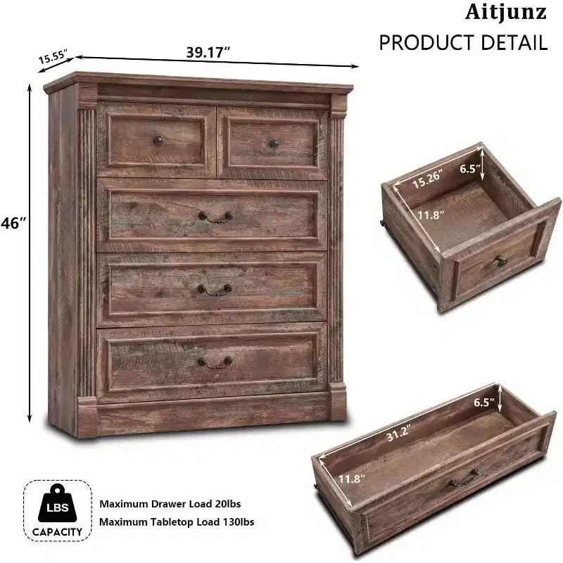 Cassettiera Rustica Mastgoal 46 con 5 Cassetti, Contenitore in Legno con Colonne Romane per Camera da Letto