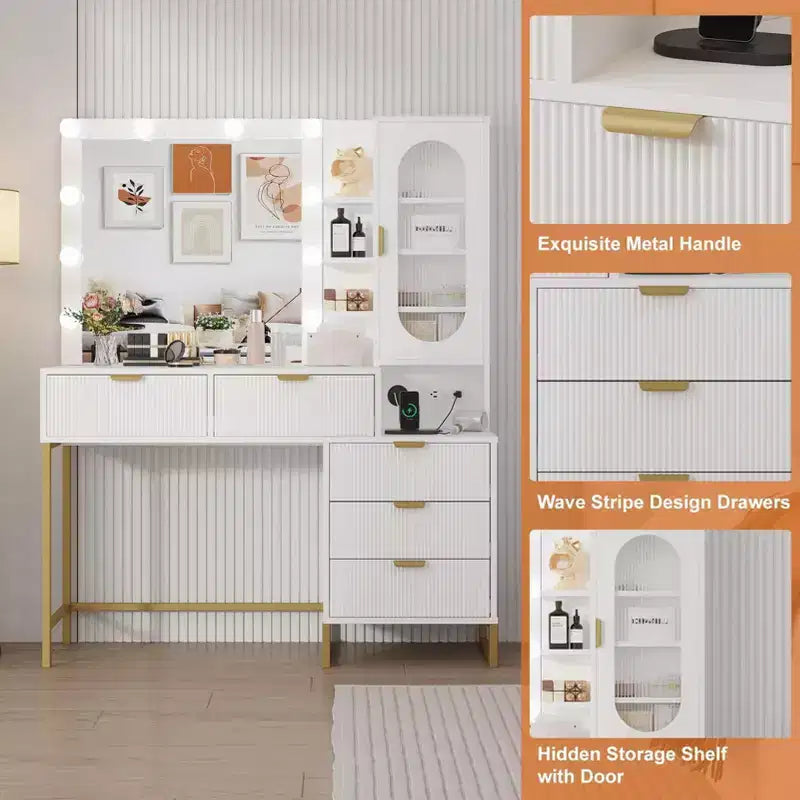 Panchine per vanità, moderna toeletta da trucco con specchio regolabile, stazione di ricarica integrata, 5 cassetti