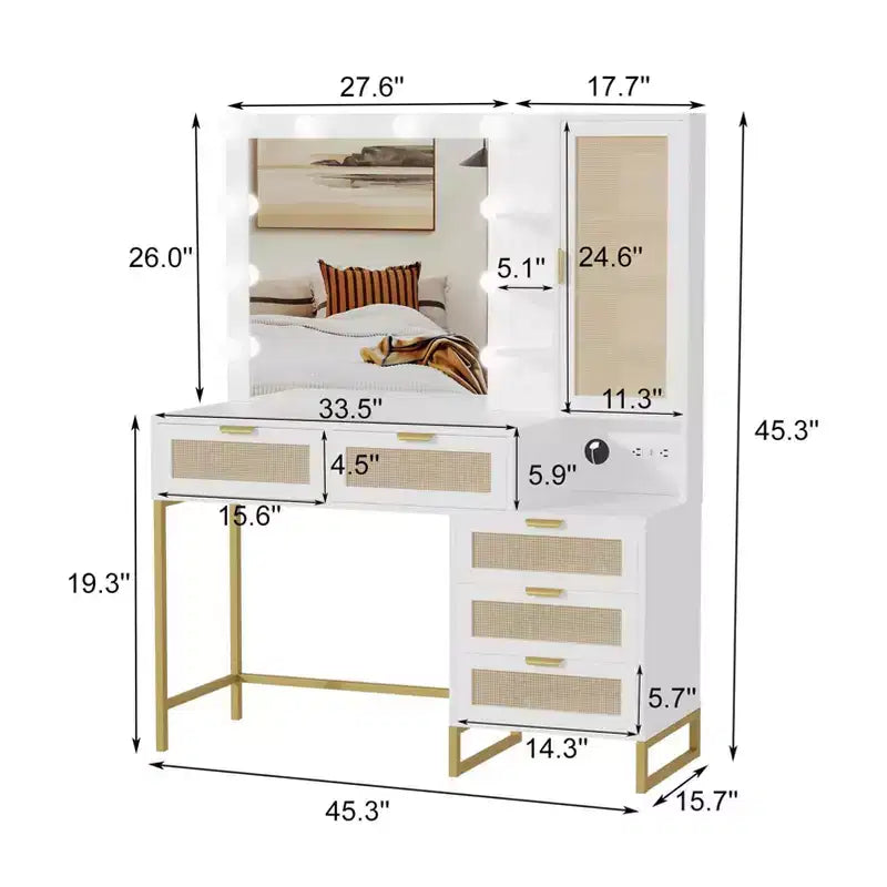 Panchine per vanità, moderna toeletta da trucco con specchio regolabile, stazione di ricarica integrata, 5 cassetti