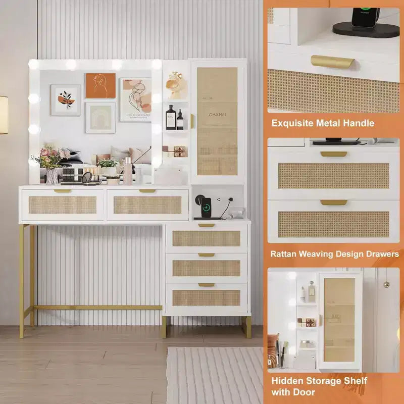 Panchine per vanità, moderna toeletta da trucco con specchio regolabile, stazione di ricarica integrata, 5 cassetti