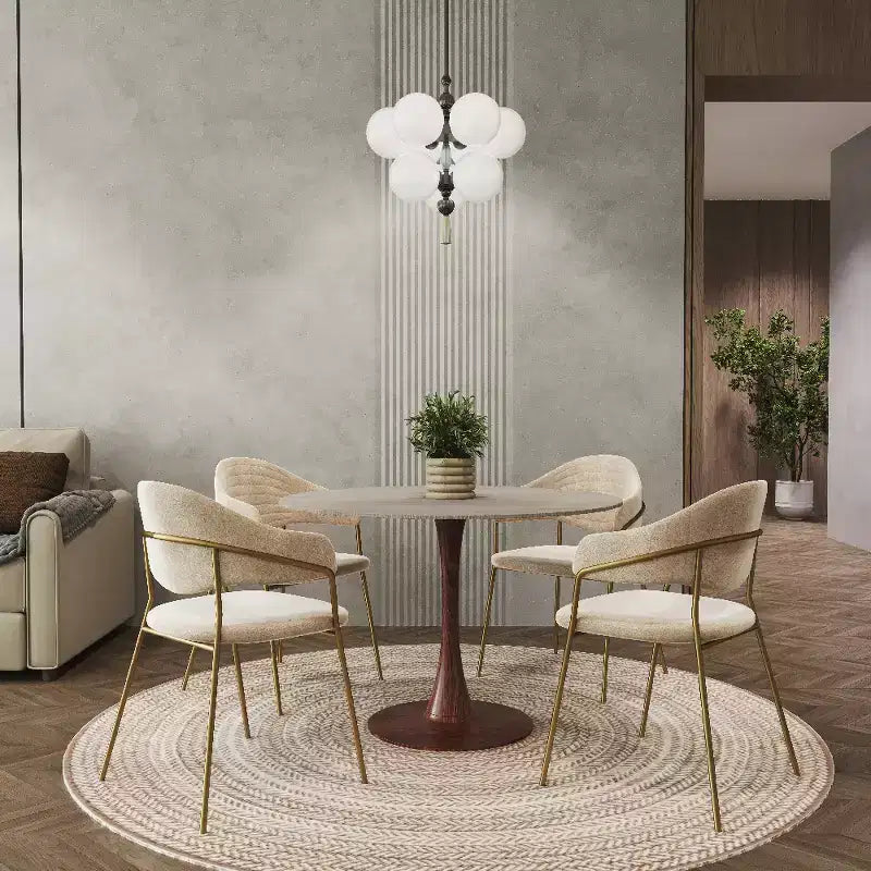Tavolo da pranzo rotondo LeisureMod Bristol 35 con piano in pietra sinterizzata e base a piedistallo in acciaio noce per cucina e sala da pranzo moderne