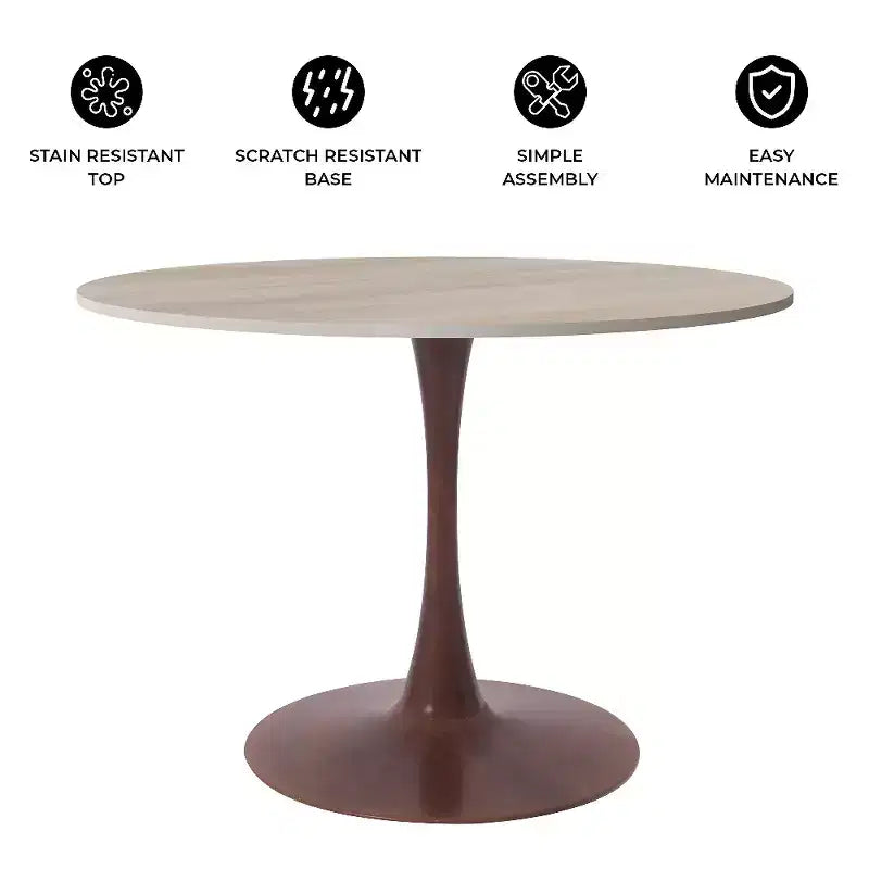 Tavolo da pranzo rotondo LeisureMod Bristol 35 con piano in pietra sinterizzata e base a piedistallo in acciaio noce per cucina e sala da pranzo moderne
