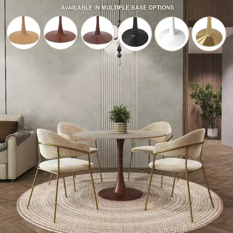Tavolo da pranzo rotondo LeisureMod Bristol 35 con piano in pietra sinterizzata e base a piedistallo in acciaio noce per cucina e sala da pranzo moderne