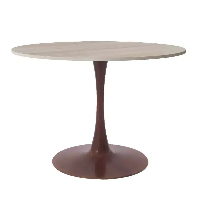 Tavolo da pranzo rotondo LeisureMod Bristol 35 con piano in pietra sinterizzata e base a piedistallo in acciaio noce per cucina e sala da pranzo moderne