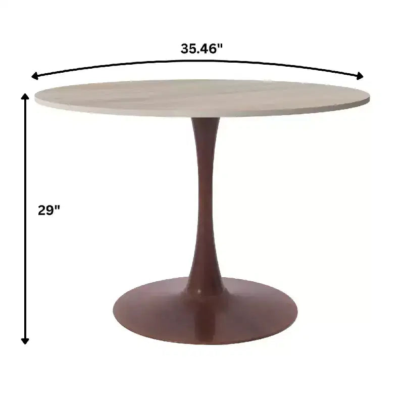Tavolo da pranzo rotondo LeisureMod Bristol 35 con piano in pietra sinterizzata e base a piedistallo in acciaio noce per cucina e sala da pranzo moderne