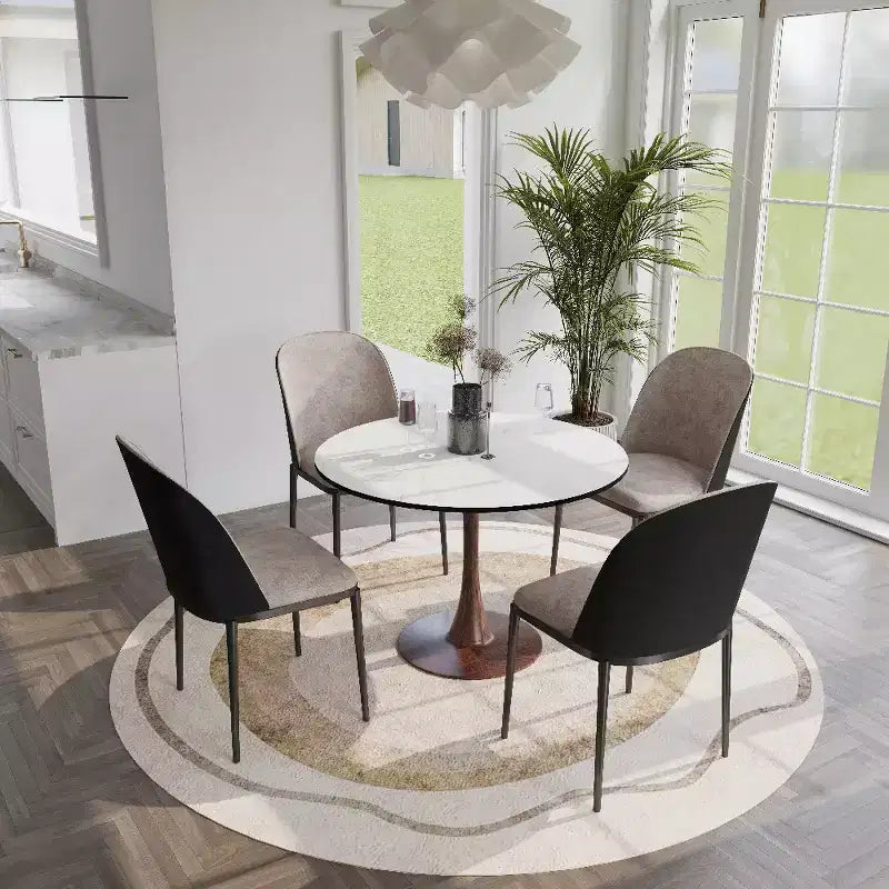 Tavolo da pranzo rotondo LeisureMod Bristol 35 con piano in pietra sinterizzata e base a piedistallo in acciaio noce per cucina e sala da pranzo moderne