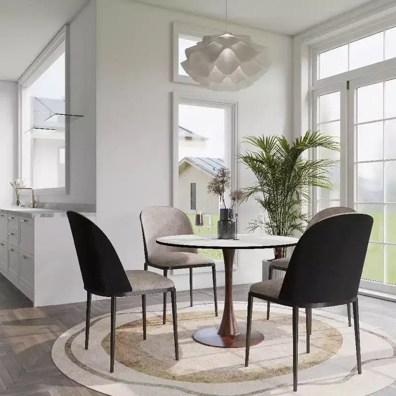 Tavolo da pranzo rotondo LeisureMod Bristol 35 con piano in pietra sinterizzata e base a piedistallo in acciaio noce per cucina e sala da pranzo moderne