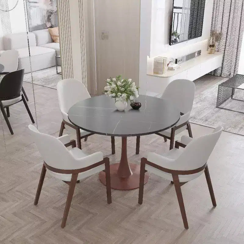 Tavolo da pranzo rotondo LeisureMod Bristol 35 con piano in pietra sinterizzata e base a piedistallo in acciaio noce per cucina e sala da pranzo moderne