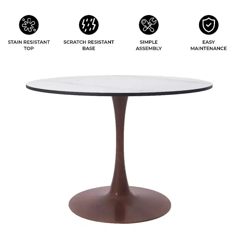 Tavolo da pranzo rotondo LeisureMod Bristol 35 con piano in pietra sinterizzata e base a piedistallo in acciaio noce per cucina e sala da pranzo moderne