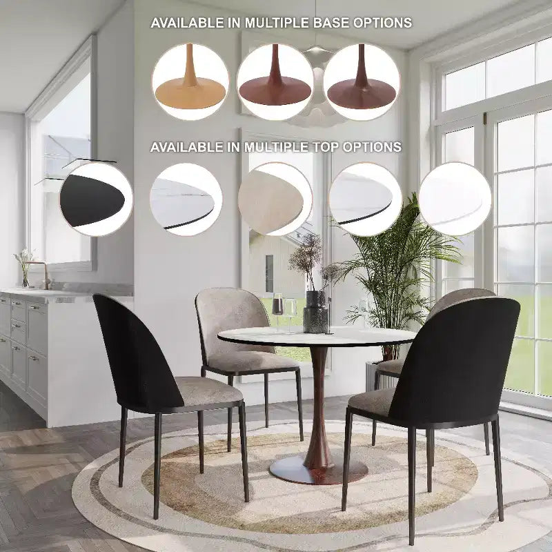 Tavolo da pranzo rotondo LeisureMod Bristol 35 con piano in pietra sinterizzata e base a piedistallo in acciaio noce per cucina e sala da pranzo moderne