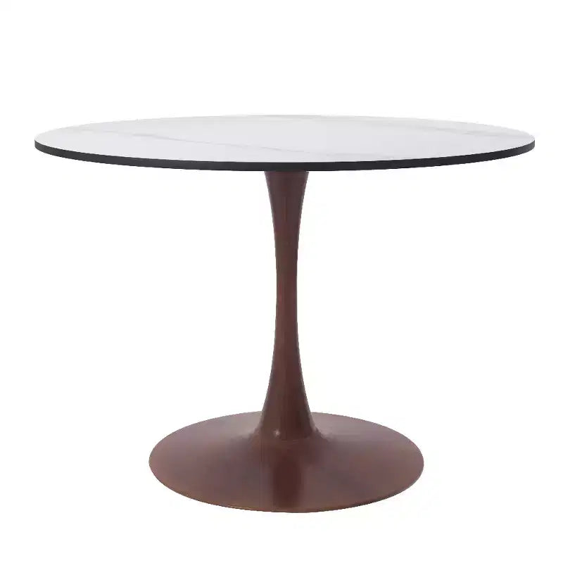 Tavolo da pranzo rotondo LeisureMod Bristol 35 con piano in pietra sinterizzata e base a piedistallo in acciaio noce per cucina e sala da pranzo moderne