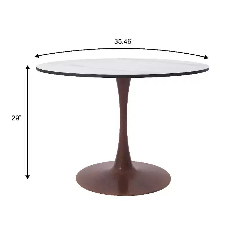 Tavolo da pranzo rotondo LeisureMod Bristol 35 con piano in pietra sinterizzata e base a piedistallo in acciaio noce per cucina e sala da pranzo moderne