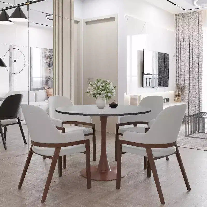 Tavolo da pranzo rotondo LeisureMod Bristol 35 con piano in pietra sinterizzata e base a piedistallo in acciaio noce per cucina e sala da pranzo moderne