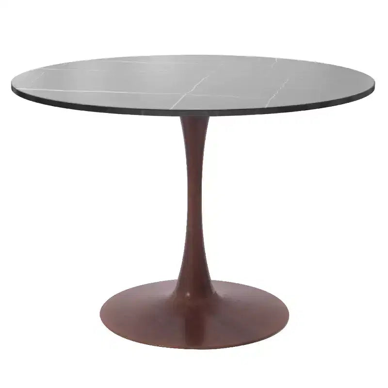 Tavolo da pranzo rotondo LeisureMod Bristol 35 con piano in pietra sinterizzata e base a piedistallo in acciaio noce per cucina e sala da pranzo moderne