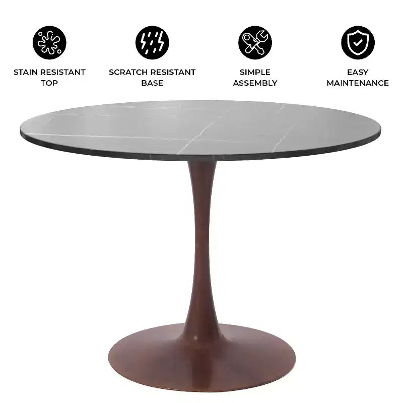 Tavolo da pranzo rotondo LeisureMod Bristol 35 con piano in pietra sinterizzata e base a piedistallo in acciaio noce per cucina e sala da pranzo moderne