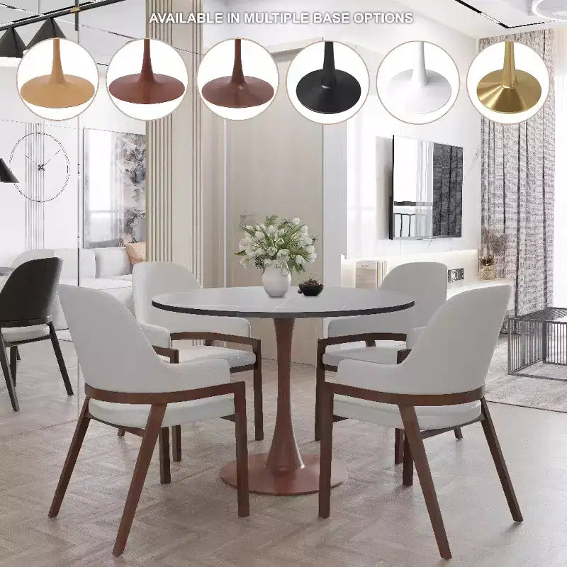 Tavolo da pranzo rotondo LeisureMod Bristol 35 con piano in pietra sinterizzata e base a piedistallo in acciaio noce per cucina e sala da pranzo moderne