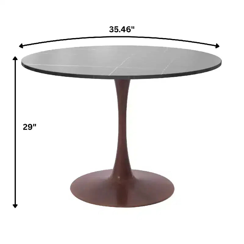 Tavolo da pranzo rotondo LeisureMod Bristol 35 con piano in pietra sinterizzata e base a piedistallo in acciaio noce per cucina e sala da pranzo moderne