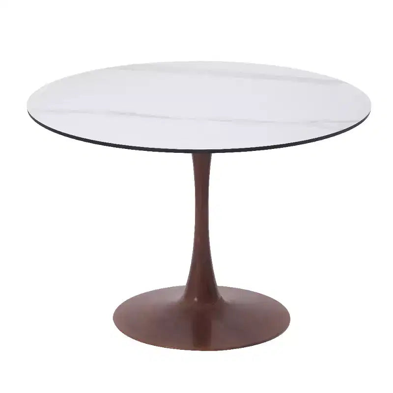 Tavolo da pranzo rotondo LeisureMod Bristol 35 con piano in pietra sinterizzata e base a piedistallo in acciaio noce per cucina e sala da pranzo moderne