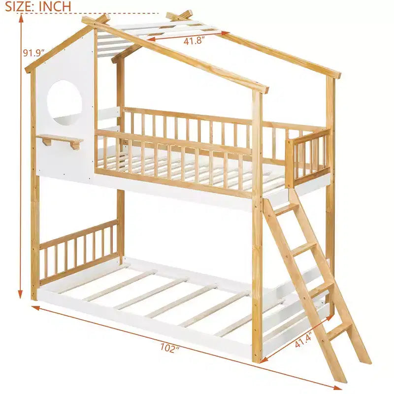 Letto a Castello Gemello su Gemello Whisen con Tetto, Design a Casetta, Scala Sicura e Ringhiere - Naturale