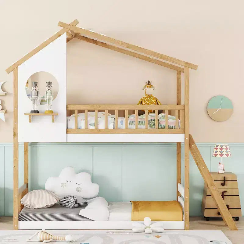 Letto a Castello Gemello su Gemello Whisen con Tetto, Design a Casetta, Scala Sicura e Ringhiere - Naturale