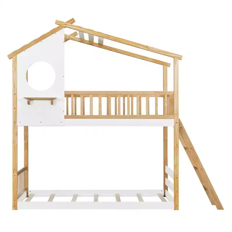 Letto a Castello Gemello su Gemello Whisen con Tetto, Design a Casetta, Scala Sicura e Ringhiere - Naturale